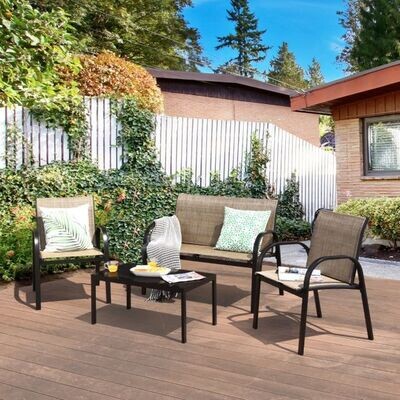 4 TLG. Gartenmöbel Set mit Bank, 2 Stühlen &amp; Couchtisch Braun