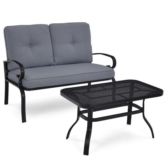 2-Sitzer Gartenbank mit Couchtisch und Kissen Grau &amp; Schwarz
