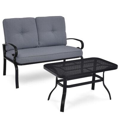 2-Sitzer Gartenbank mit Couchtisch und Kissen Grau &amp; Schwarz