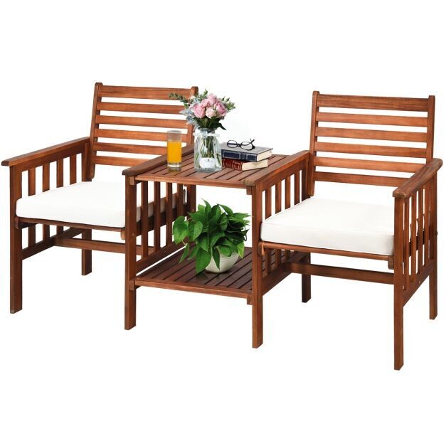 Doppelsitzbank aus Akazienholz 3-Teiliges Tisch- &amp; Stühle-Set