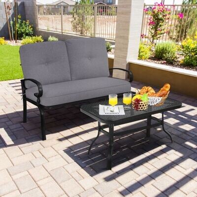 2-Sitzer Gartenbank mit Couchtisch und Kissen Grau & Schwarz