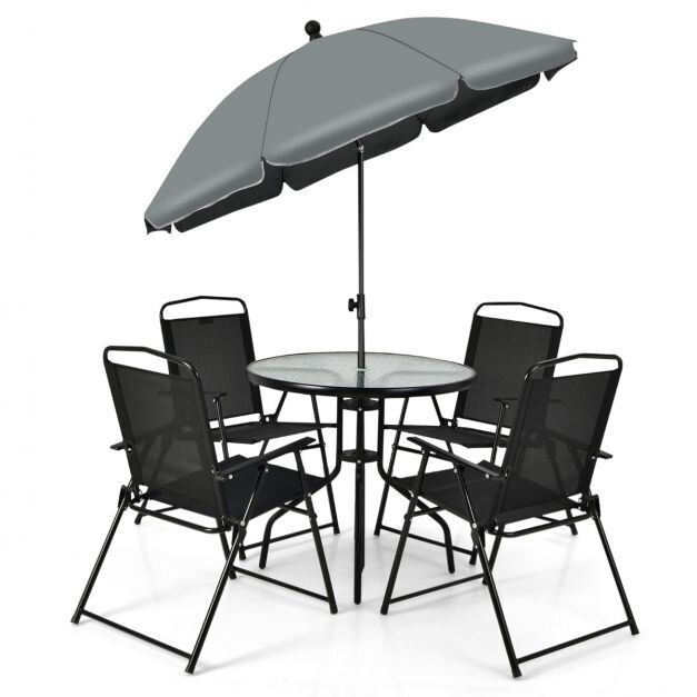 6 Teiliges Terrassenmöbelset mit Kaffeetisch &amp; 4 Klappstühlen &amp; Schirm
