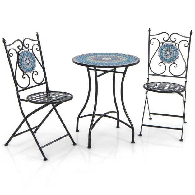 Bistrotisch mit 2 Stühlen Mosaik klappbar 3-teiliges Balkonset Blau