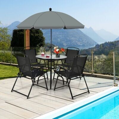 6 Teiliges Terrassenmöbelset mit Kaffeetisch &amp; 4 Klappstühlen &amp; Schirm