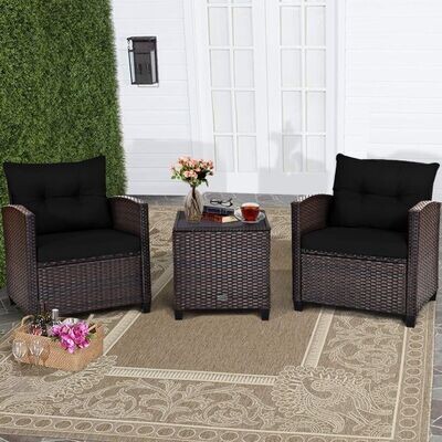 3-Teiliges Gartenmöbel-Set Rattan-Bistro-Set Schwarz