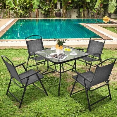 5-tlg. Gartenmöbel Set Terrassenmöbel inkl. 4 Klappstühle 1 Tisch mit Schirmloch Grau + Schwarz