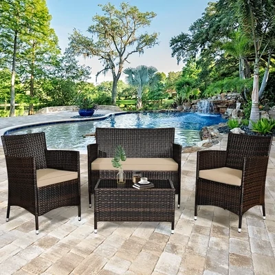 4-teiliges Rattan Gartenmöbel Set mit Sitzkissen Braun