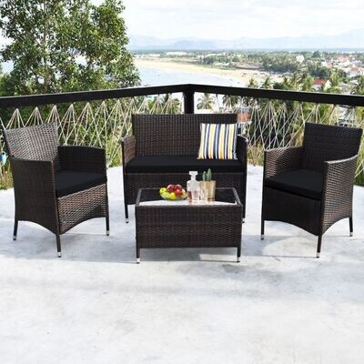4 Stück Outdoor Terrassenmöbel Set aus PE Rattan mit Glastisch & Kissen Grau