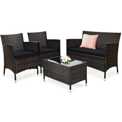 4 Stück Outdoor Terrassenmöbel Set aus PE Rattan mit Glastisch &amp; Kissen Grau