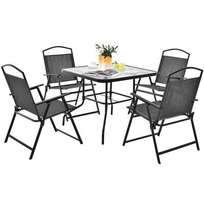 5-tlg. Gartenmöbel Set Terrassenmöbel inkl. 4 Klappstühle 1 Tisch mit Schirmloch Grau + Schwarz