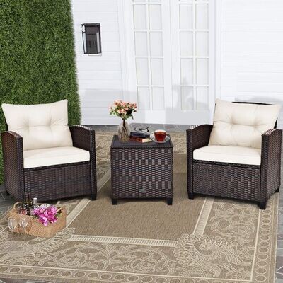 3-tlg. Rattan Lounge Set Gartenmöbel Wicker Sitzgruppe mit Sitzkissen &amp; Couchtisch Beige