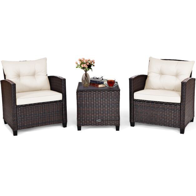 3-tlg. Rattan Lounge Set Gartenmöbel Wicker Sitzgruppe mit Sitzkissen &amp; Couchtisch Beige