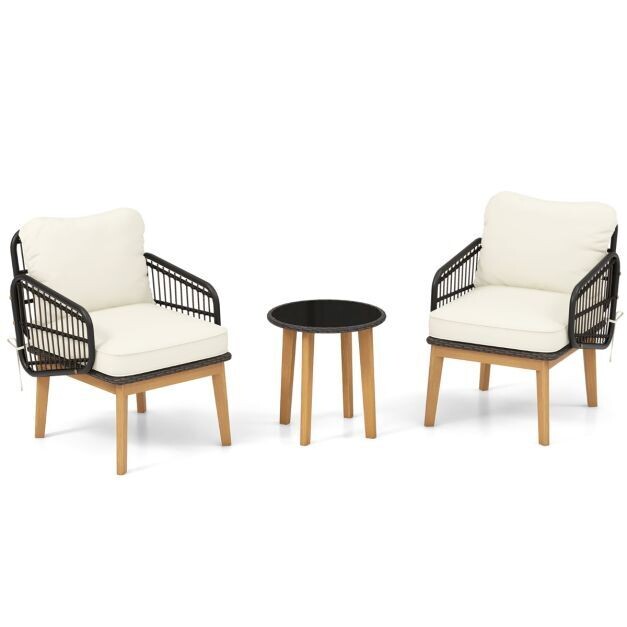 3-teiliges Rattan Gartenmöbel-Set Garten Sitzgarnitur 2 Korbstühle &amp; Glas Beistelltisch &amp; Kissen