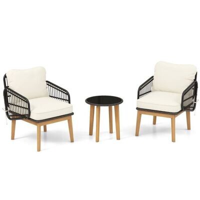 3-teiliges Rattan Gartenmöbel-Set Garten Sitzgarnitur 2 Korbstühle &amp; Glas Beistelltisch &amp; Kissen