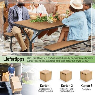 3-teiliges Picknicktisch & Bank-Set mit Holzähnlicher Textur für 8 Personen Braun