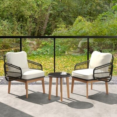 3-teiliges Rattan Gartenmöbel-Set Garten Sitzgarnitur 2 Korbstühle & Glas Beistelltisch & Kissen