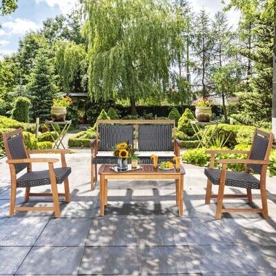 4-teiliges Patio-Rattan-Möbelset mit Akazienholzrahmen Sectional Furniture Set für Garten