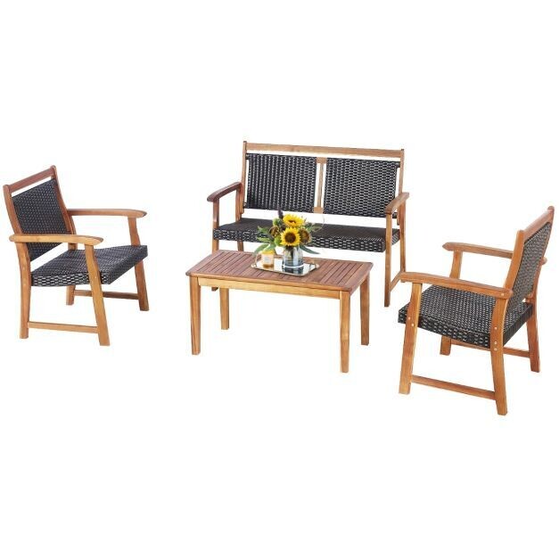 4-teiliges Patio-Rattan-Möbelset mit Akazienholzrahmen Sectional Furniture Set für Garten