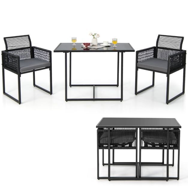 3-Teiliges Rattan Outdoor-Dining-Set mit Klappbarer Rückenlehne &amp; Sitzkissen Terrassenmöbel-Set
