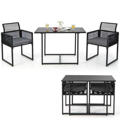 3-Teiliges Rattan Outdoor-Dining-Set mit Klappbarer Rückenlehne &amp; Sitzkissen Terrassenmöbel-Set