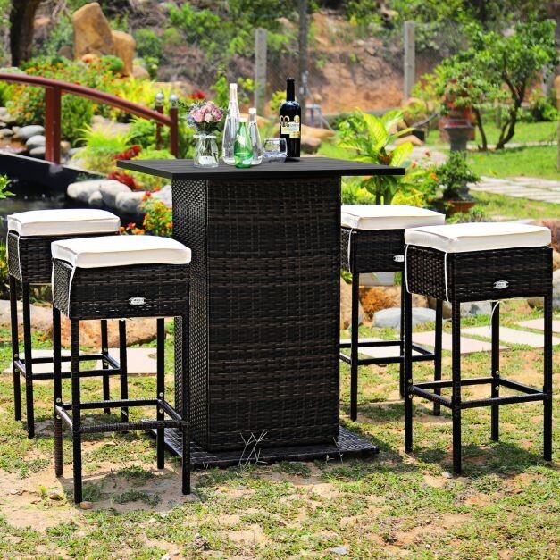 5 TLG. Outdoor-Rattan-Bar-Set Rattan Gartenbar Set Bartisch mit 4 Barhockern & Kissen