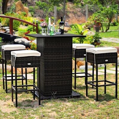 5 TLG. Outdoor-Rattan-Bar-Set Rattan Gartenbar Set Bartisch mit 4 Barhockern & Kissen