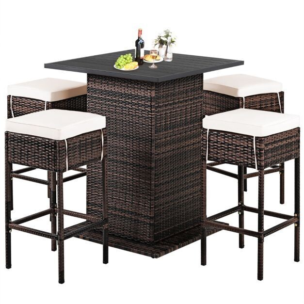 5 TLG. Outdoor-Rattan-Bar-Set Rattan Gartenbar Set Bartisch mit 4 Barhockern &amp; Kissen