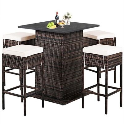 5 TLG. Outdoor-Rattan-Bar-Set Rattan Gartenbar Set Bartisch mit 4 Barhockern &amp; Kissen