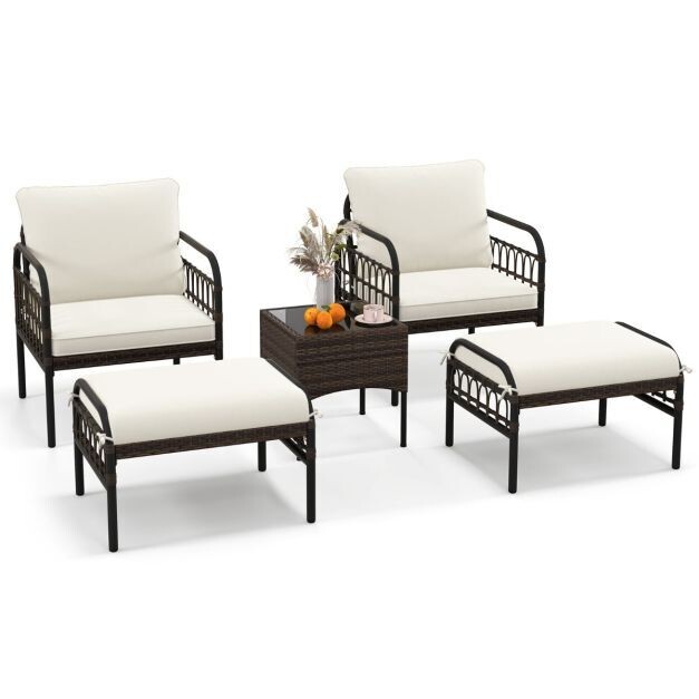 5 TLG. Rattansessel Set mit Ottomane &amp; Beistelltisch &amp; Kissen Gartensessel Terrassenstuhl
