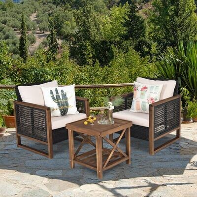 3er Set Rattan Gartenmöbel Lounge Set mit Sitzkissen Outdoor Sitzgarnitur