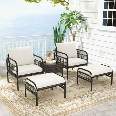 5 TLG. Rattansessel Set mit Ottomane & Beistelltisch & Kissen Gartensessel Terrassenstuhl