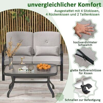 4-TLG. Gartenmöbel Set Terrassenmöbel mit Sitz- Rücken- und Taillenkissen Grau