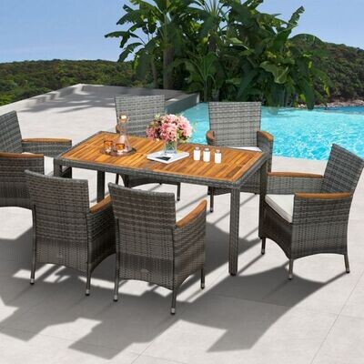 7-teiliges Terrassenmöbel-Set für den Aussenbereich Rattan-Set mit Esstisch Grau