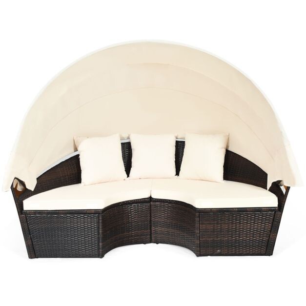 Outdoor- runde grosse Sonnenliege mit einziehbarem Baldachin 192 x 177 x 146 cm