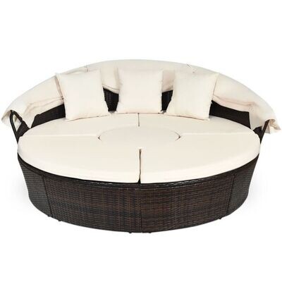 Outdoor- runde grosse Sonnenliege mit einziehbarem Baldachin 192 x 177 x 146 cm