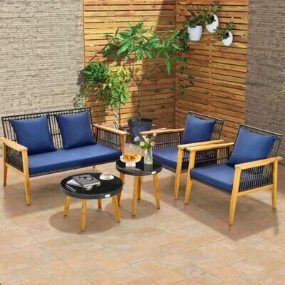 5-tlg. Outdoor Rattan Sitzgarnitur mit 2 Couchtischen & gemütliche Sitz- & Rückenkissen