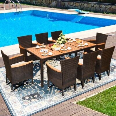 9-teiliges Rattan Terrassen-Ess-Set für 8 Personen mit Tischplatte & abnehmbaren Kissen