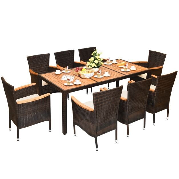9-teiliges Rattan Terrassen-Ess-Set für 8 Personen mit Tischplatte &amp; abnehmbaren Kissen
