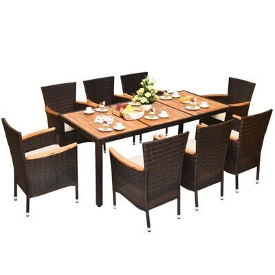 9-teiliges Rattan Terrassen-Ess-Set für 8 Personen mit Tischplatte &amp; abnehmbaren Kissen