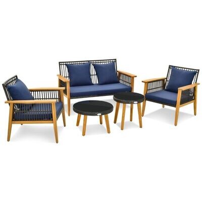 5-tlg. Outdoor Rattan Sitzgarnitur mit 2 Couchtischen &amp; gemütliche Sitz- &amp; Rückenkissen