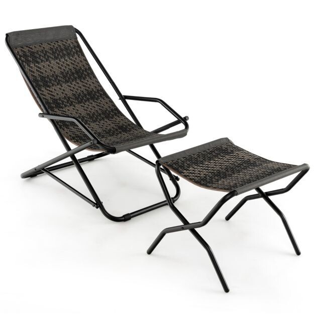 Liegestuhl mit Klapphocker Rattan Strandliege 106 x 65 x 79 cm Grau