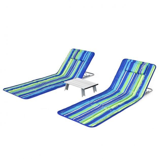 2 x Strandmatte mit Beistelltisch Verstellbares Liegestuhl_Set 151 x 55,5 x 27-47 Blau + Grün