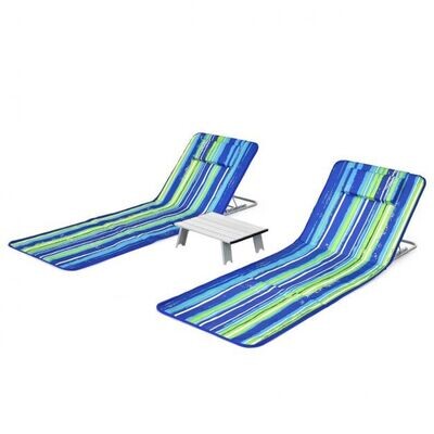 2 x Strandmatte mit Beistelltisch Verstellbares Liegestuhl_Set 151 x 55,5 x 27-47 Blau + Grün