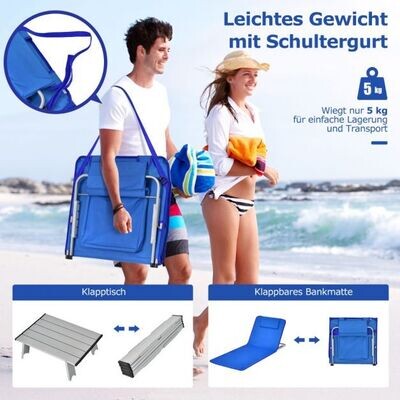 2 x Strandmatte mit Beistelltisch Verstellbares Liegestuhl-Set 151 x 55,5 x 27-47 Blau