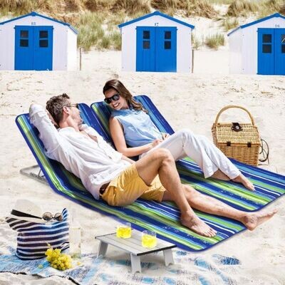 2 x Strandmatte mit Beistelltisch Verstellbares Liegestuhl_Set 151 x 55,5 x 27-47 Blau + Grün
