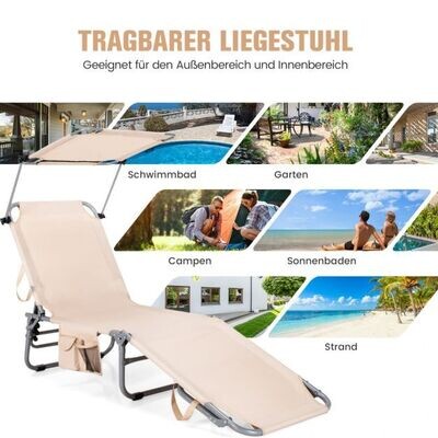 Liegestuhl Klappbare Strandliege Dach &amp; Seitentasche Beige