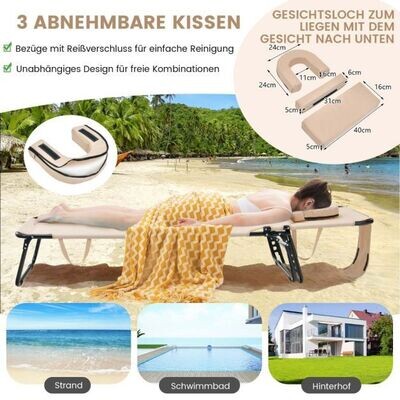 Klappbare Sonnenliege, Strandliege mit Gesichtsöffnung Beige