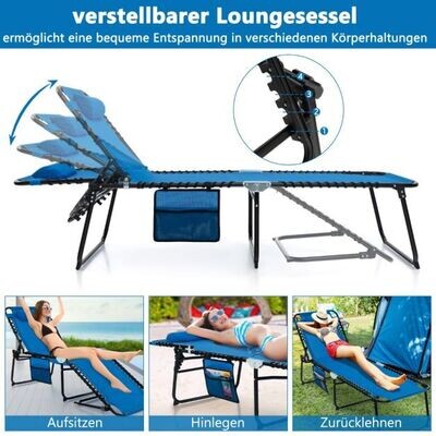 Sonnenliege mit Kopfstütze und Seitentasche klappbare Gartenliege mit Rückenlehne Marineblau