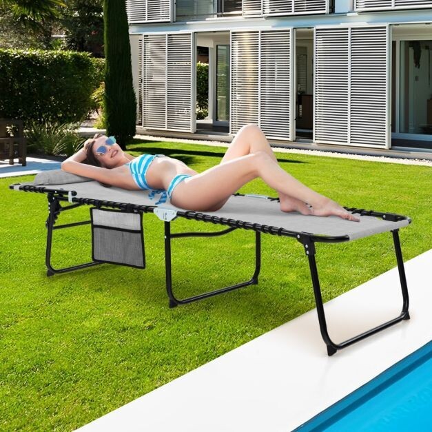 Sonnenliege mit Kopfstütze und Seitentasche klappbare Gartenliege mit Rückenlehne grau