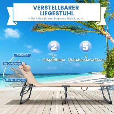 Verstellbare Sonnenliege zusammenklappbare Strandliege mit Kissen 194 x 61 x 35,5 – 86,5 cm Beige